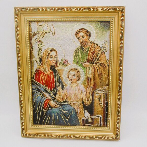 Framed Sacred Family Woven Tapestry Art With Gold Ornate Frame 12"x10" Religious - Picture 1 of 4